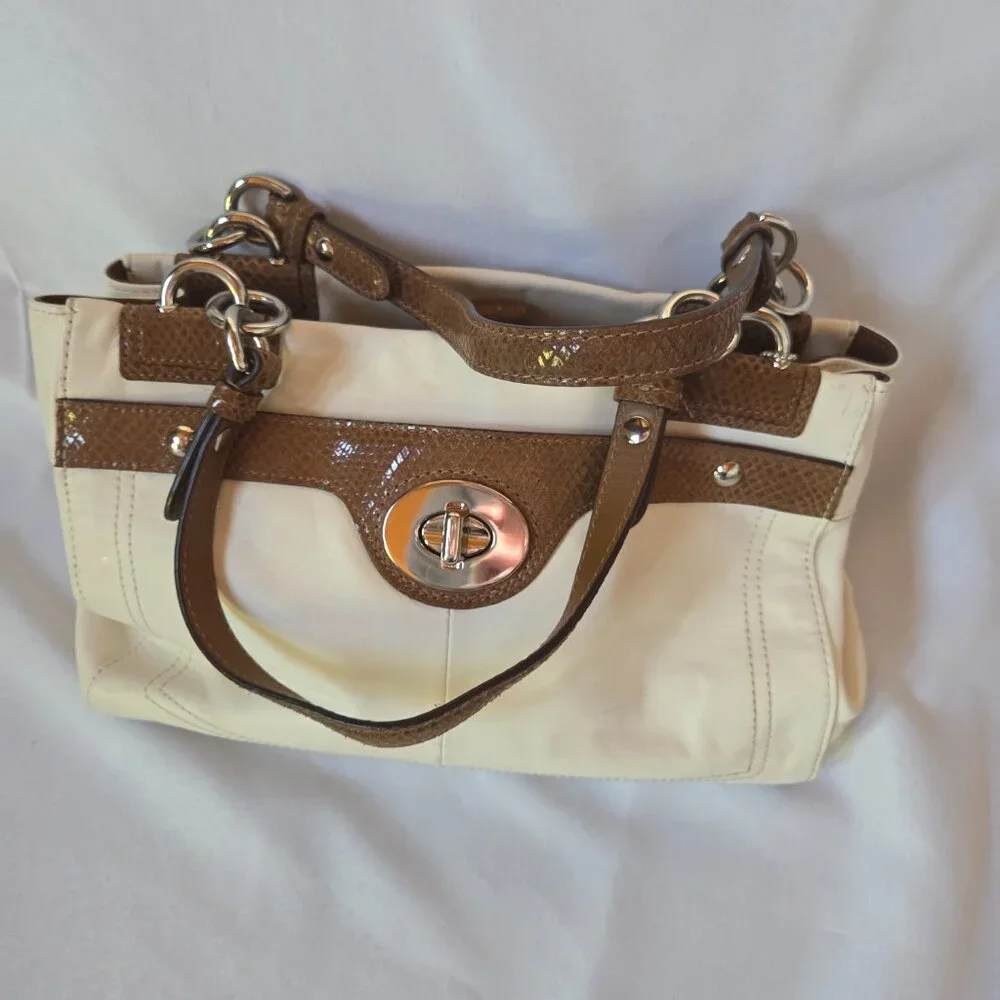 Coach Leather Purse | Cream & Brown Snake-Embossed Trim | Silver Hardware - Picture 2 of 13